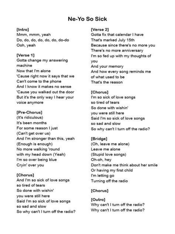 NeYo So Sick (Lyrics) “I'm so sick of love songs” YouTube